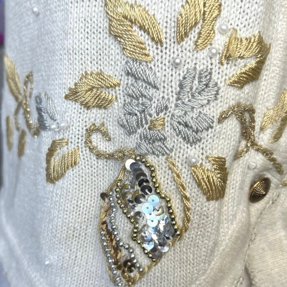 Vintage holiday knit vest sequins embroidered cream retro grandma core festive - Picture 5 of 7